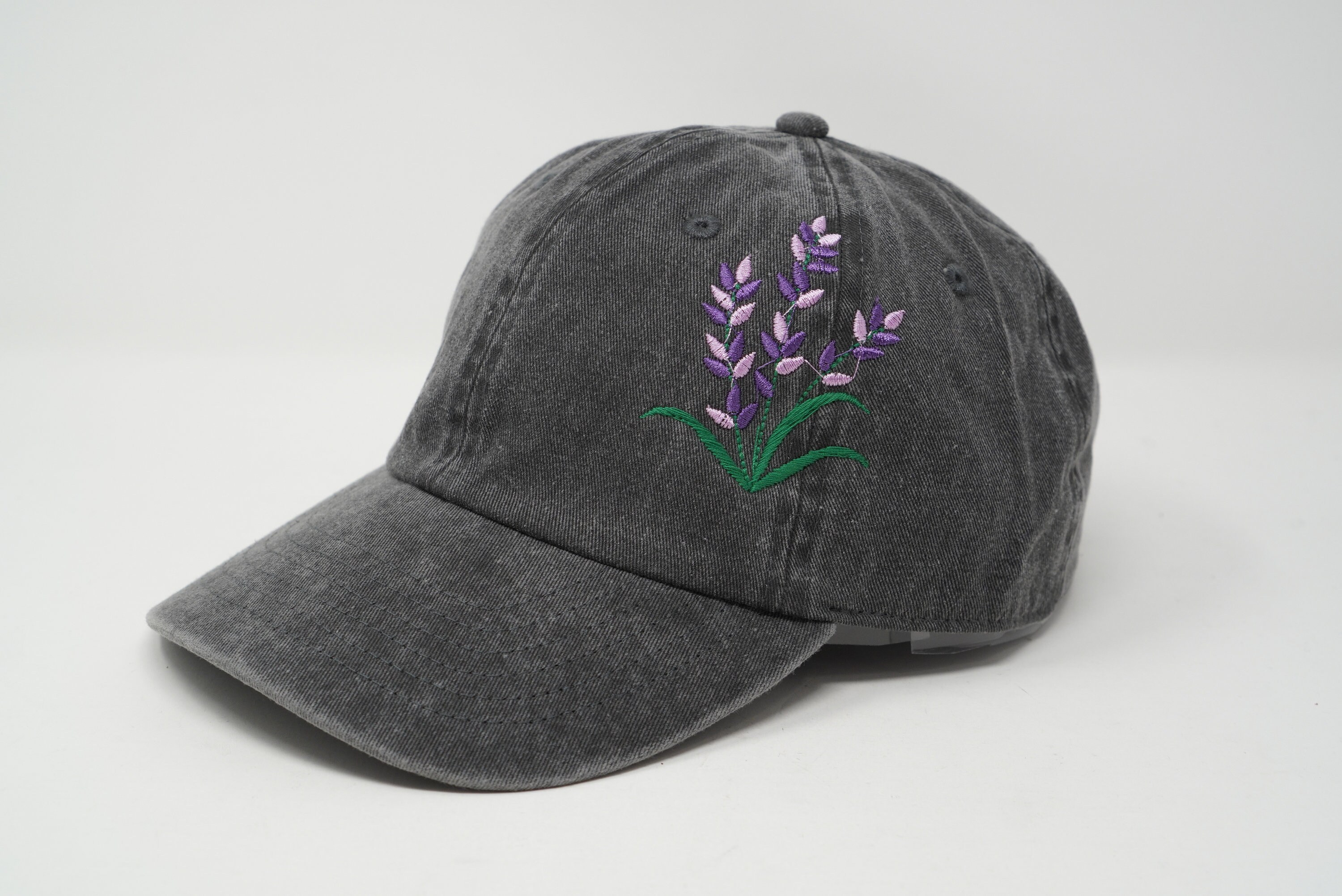 Lavender Embroidered Purple Blue Flower Baseball Cap, Washed