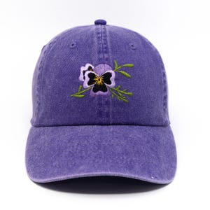 Pansy Flower Embroidered Baseball Cap, Floral Theme Wash Cotton Baseball Hat, Summer Sun Hat Black