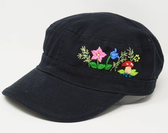 Wash Cotton Hand Embroidered Mixed Flower Garden Cadet Flat Cap, Colorful Military Patrol Hat, 100% Cotton Curve Brim Flower Cadet