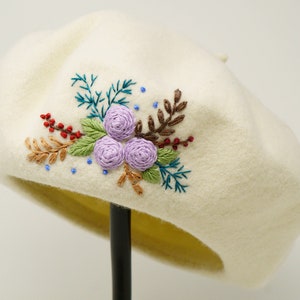 Handmade Hand Embroidered Milky Cream White Beret Wild Mute Purple Rose Flower 100% Wool Beret Hat, Warm Winter French Cap Classy