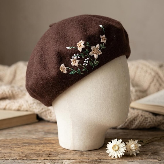 Beret Hat, Flower Hat, Wool Beret, Hand Embroidered off  display picture 3