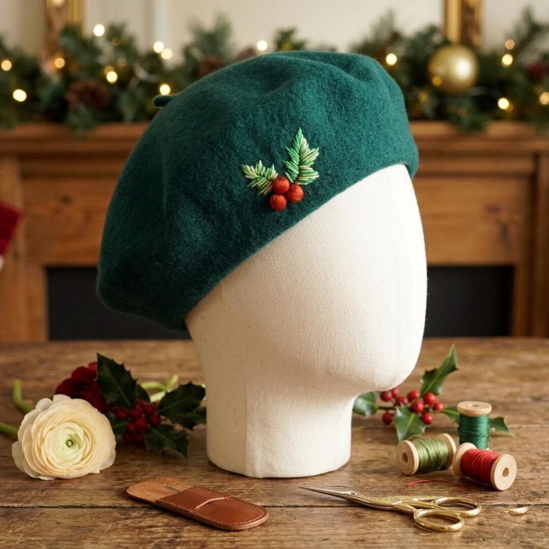 ハンドメイドの手刺繍のグリーンのクリスマステーマフラワー100%ウール