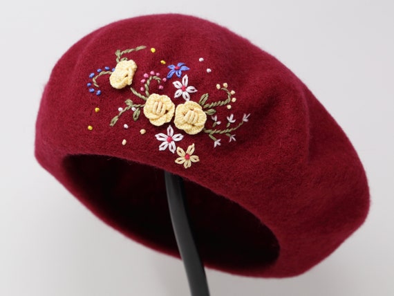 Women\'s French Style Flower Knitted Embroidery Beret Hats Wine Red 2 Flowers Amazon.com: Flower Embroidery Beret Hat for Women, French  main image 2