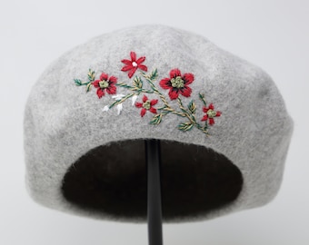 Beret Hat, Flower Hat, Wool Beret, Hand Embroidered Xmas Red Flower Hat, Embroidered Beret, Light Grey Christmas Beret Hat