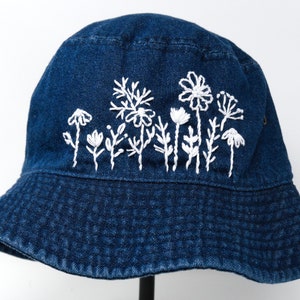 Hand-Embroidered Floral Bucket Hat Jean Blue and White - Distinctive and Fun Design with Short Brim - Cotton Material
