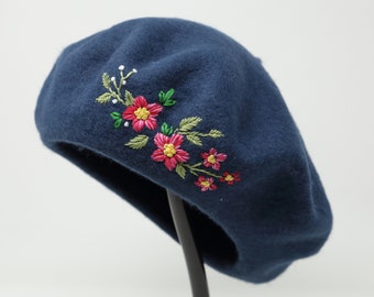 French Wool Beret Hat, Hand Embroidered Twin Flower Beret, Navy Blue Winter Hat, Winter Cold Weather Beret