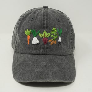 Hand Embroidered Mixed Vegetable Vege Garden Baseball Hat, Curved Brim Baseball Hat, Colorful Sun Summer Cap Black