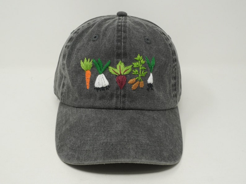 Hand Embroidered Mixed Vegetable Vege Garden Baseball Hat, Curved Brim Baseball Hat, Colorful Sun Summer Cap Black