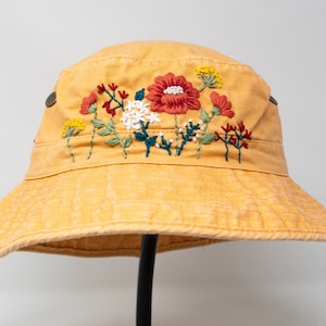 Enchanting Petals: Hand Embroidered Mustard Yellow Cotton Bucket Hat - Beautiful Red Flower Patterns for Ladies
