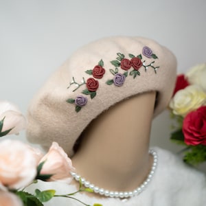 Cold-Weather Charm: Cream Beige Wool Beret with Unique Floral Embroidery - Elevate Your Winter Wardrobe