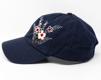 Flower-adorned Curved Brim Baseball Cap in Navy Blue – Hand 