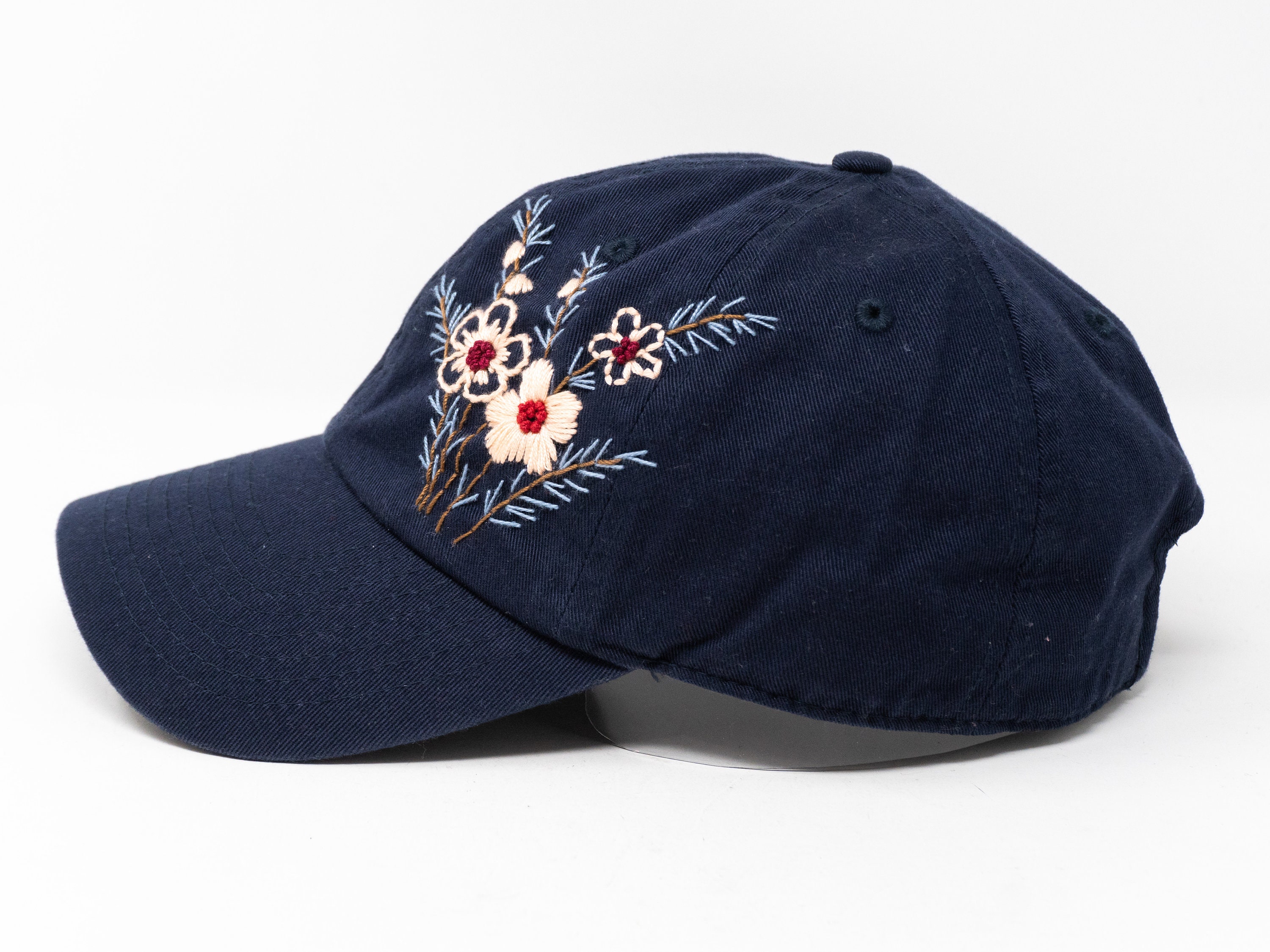Flower-adorned Curved Brim Baseball Cap in Navy Blue – Hand 