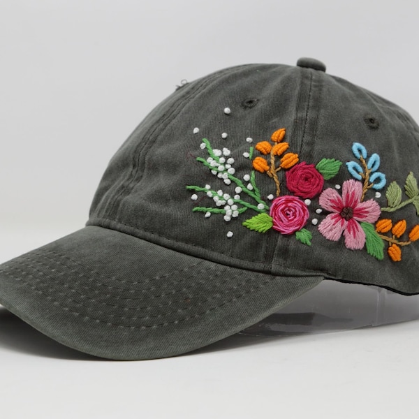 Wash Cotton Baseball Cap, Large Hand Embroidered Flower Hat, Curved Brim Baseball Hat, Colorful Summer Cap