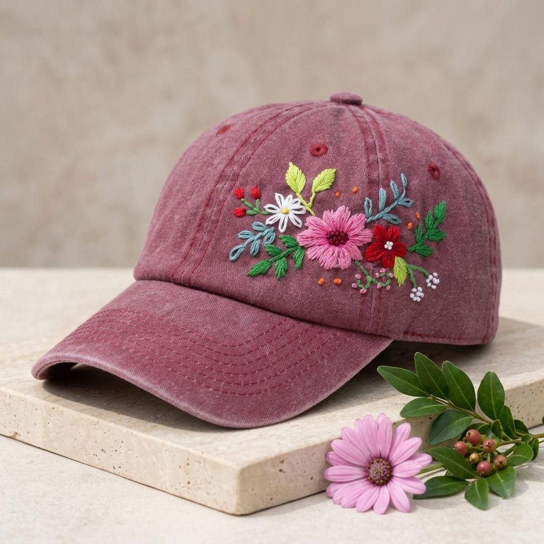 Wash Cotton Baseball Cap, Hand Embroidered Pink Red Flower  display picture 2
