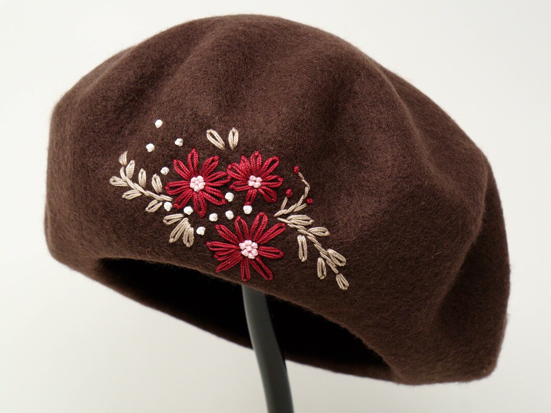 Beret Hat, Red Burgundy Flower Hat, Wool Beret, Hand Embroidered Flower