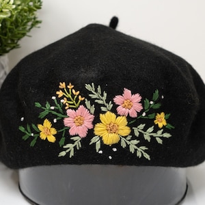 Hand Embroidered Wool Beret Winter Hat with Flower Design, Mix Colorful Floral Garden Hand Stitched French Cap