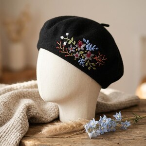 Handmade Hand Embroidered Wild Flower 100% Wool Beret Hat, Warm Winter French Cap Cute