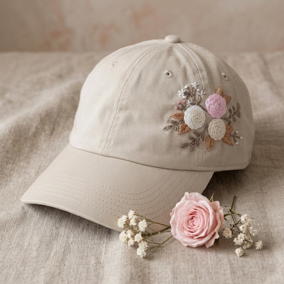 100% Cotton Baseball Cap, Hand Embroidered Rose Flower Hat  display picture 1