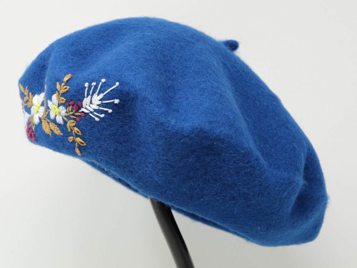 Beret Hat Flower Hat Wool Beret Hand Embroidered Hat Etsy