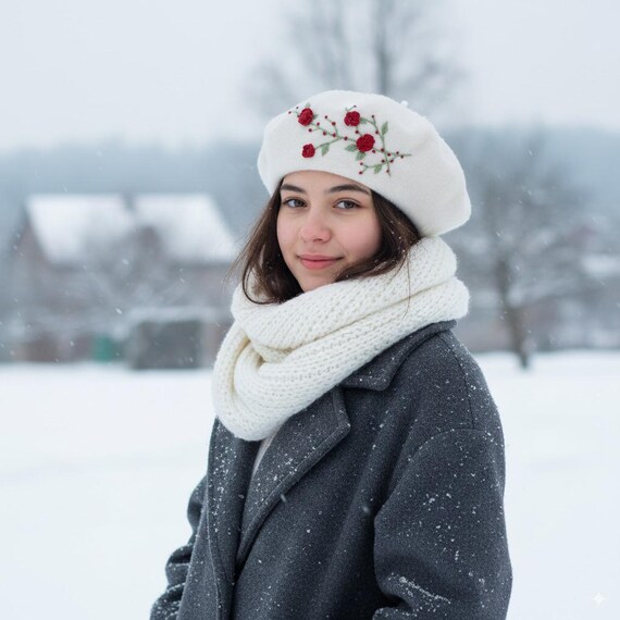 Handmade Rose Floral Embroidery Cream White Wool Beret  display picture 1