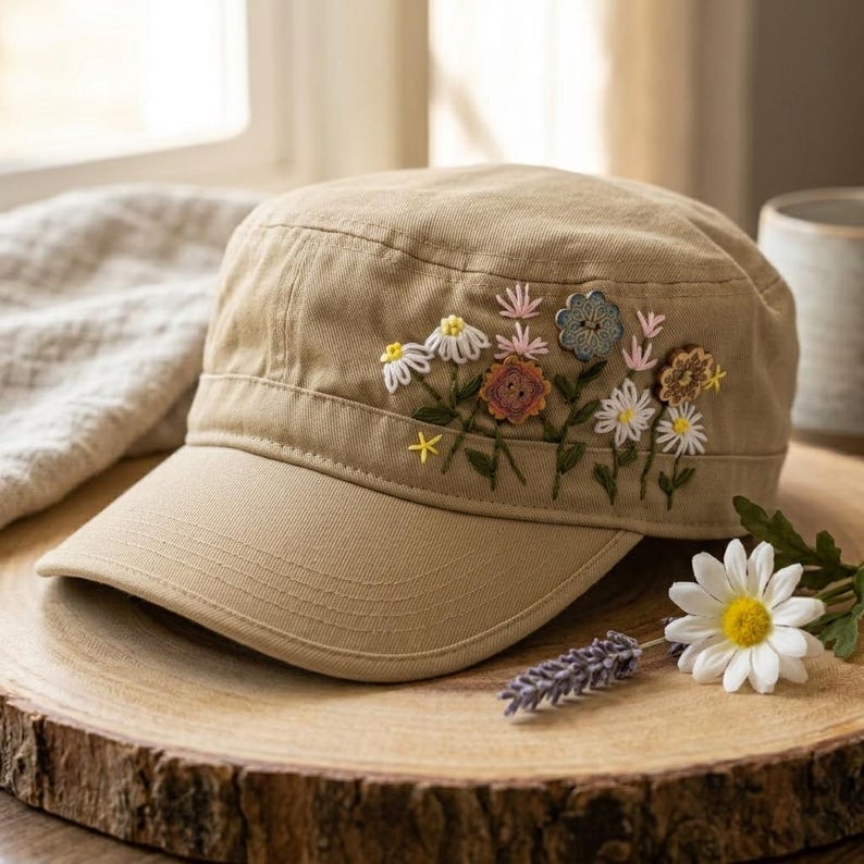 野花刺繍カーキカデットハット - ハンドメイド花柄ミリタリーキャップ、ボヘミアンコットンアーミーハット、ガーデンスタイルギフト 画像 1