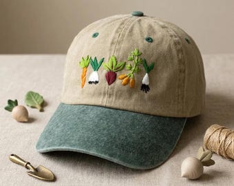 Hand Embroidered Mixed Vegetable Vege Garden Baseball Hat, Curved Brim Baseball Hat, Colorful Sun Summer Cap