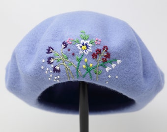 100% Wool Beret Hat, Cute Hand Embroidered Wild Flower Beret, Sky Blue Wool Winter Hat, Winter Cold Weather Beret