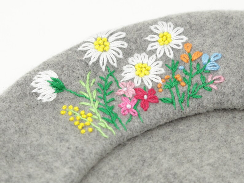 Embroidered Beret Hand Embroidered Hat Wool Beret Winter Beret Sunflower Hat Light Grey Winter Hat Beret Hat