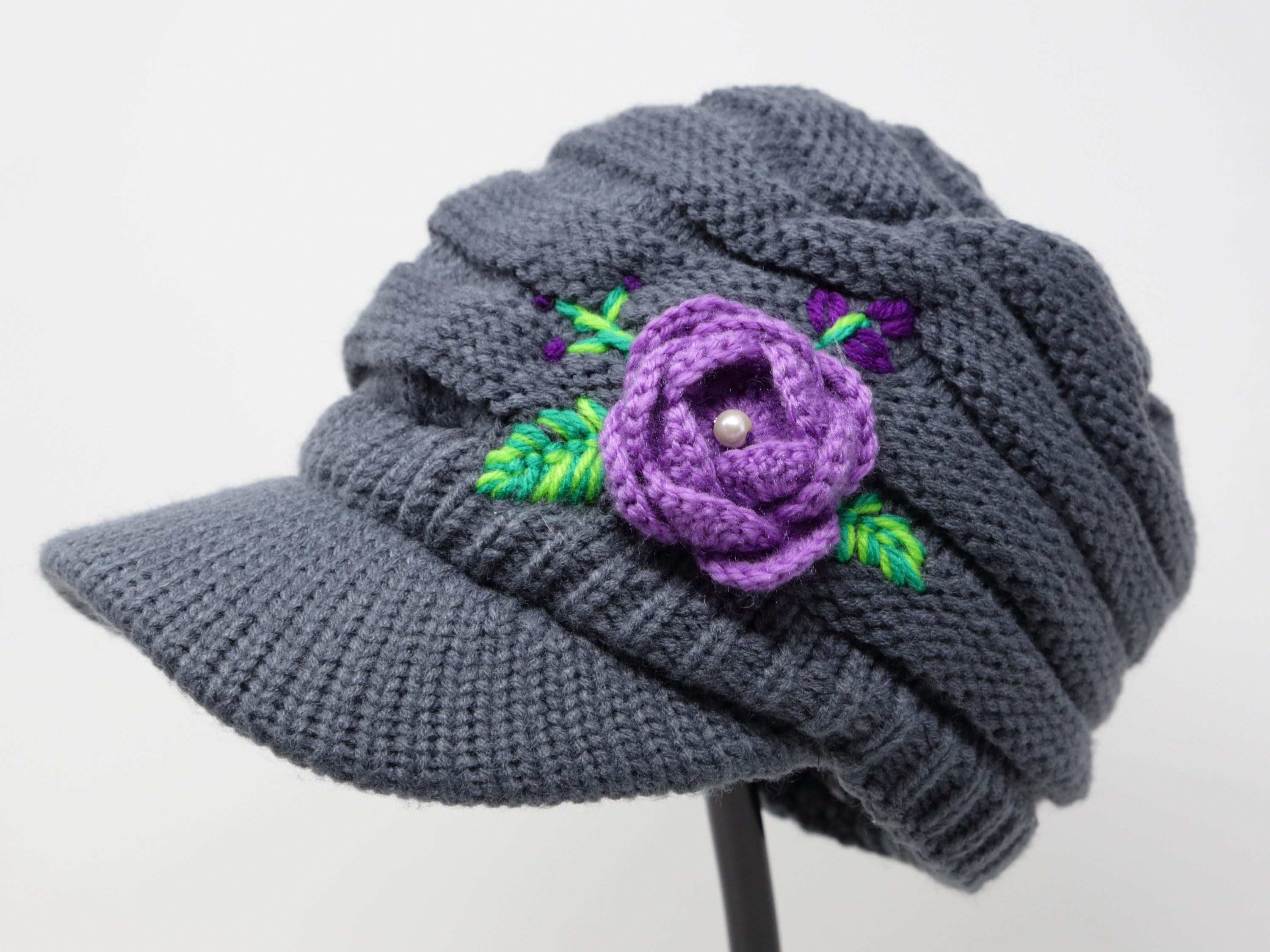 Purple Hand Knit Aplaca Beanie with Floral Accents Free pattern for knitting a winter hat main image 2
