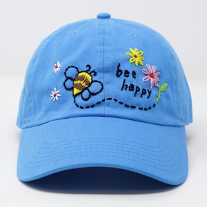 Be Happy! Cotton Baseball Cap, Hand Embroidered Hat, Curved Brim Baseball Hat, Colorful Summer Cap, Blue Hat