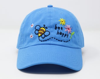 Be Happy! Cotton Baseball Cap, Hand Embroidered Hat, Curved Brim Baseball Hat, Colorful Summer Cap, Blue Hat