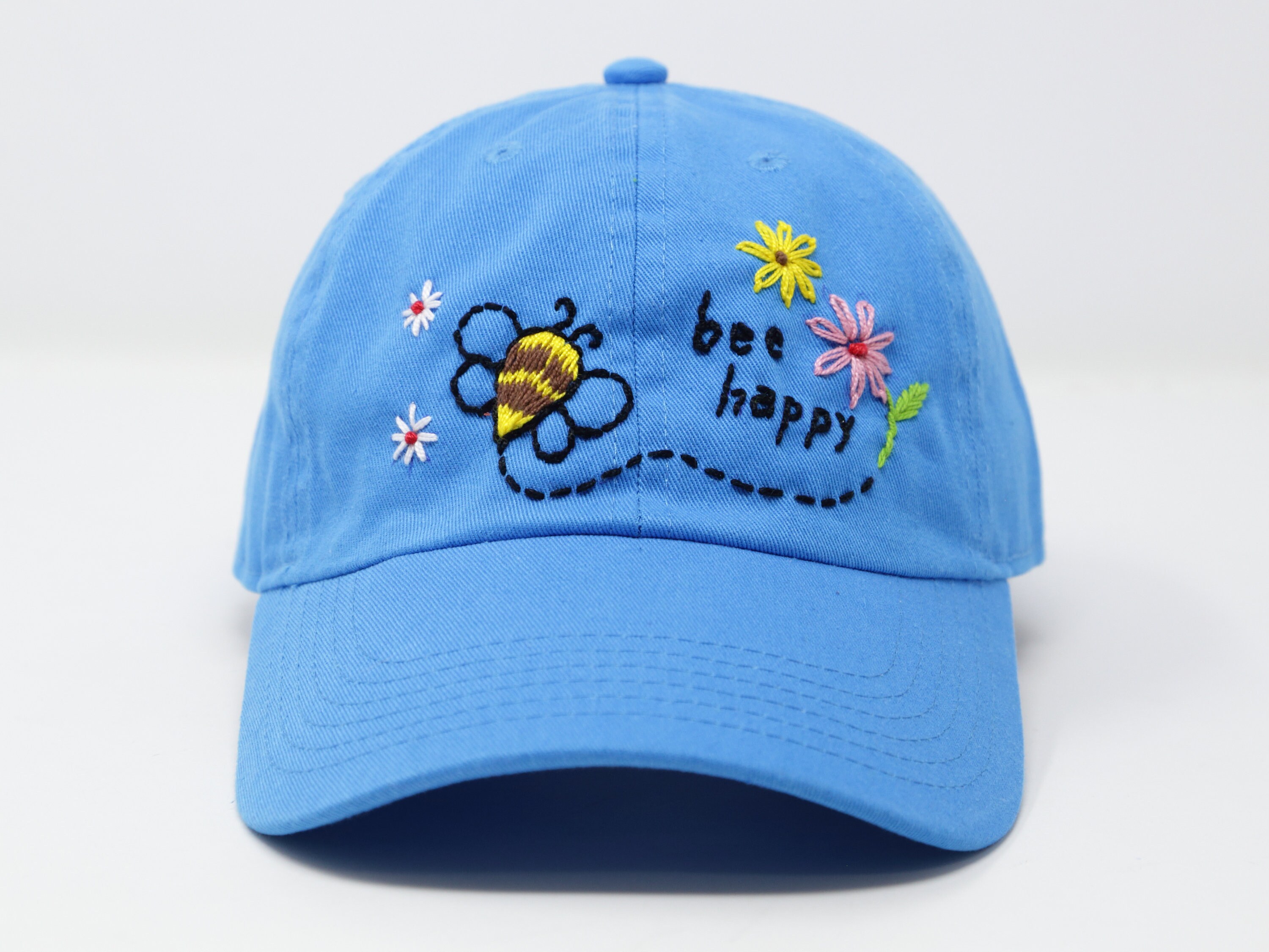 Be Happy! Cotton Baseball Cap, Hand Embroidered Hat, Curved Brim Baseball Hat, Colorful Summer Cap, Blue Hat