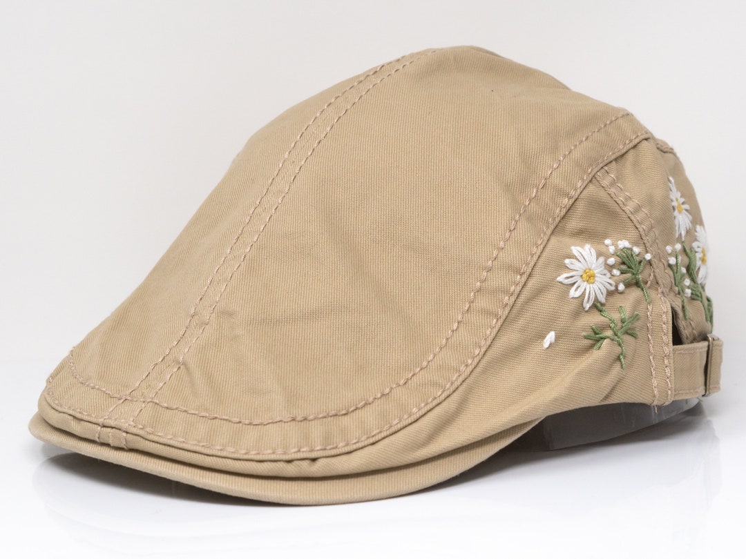 Hand Embroidered Daisy Floral Newsboy Cap Beige | 100% Cotton Hat ...