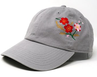 Flower Embroidered Red Plum Blossom Baseball Cap, Washed Cotton Curve Brim Summer Hat Grey