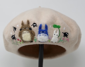 100% Wool Beret Handmade Totoro Anime Needle Felting Embroidery Hat, Warm Winter French Cap