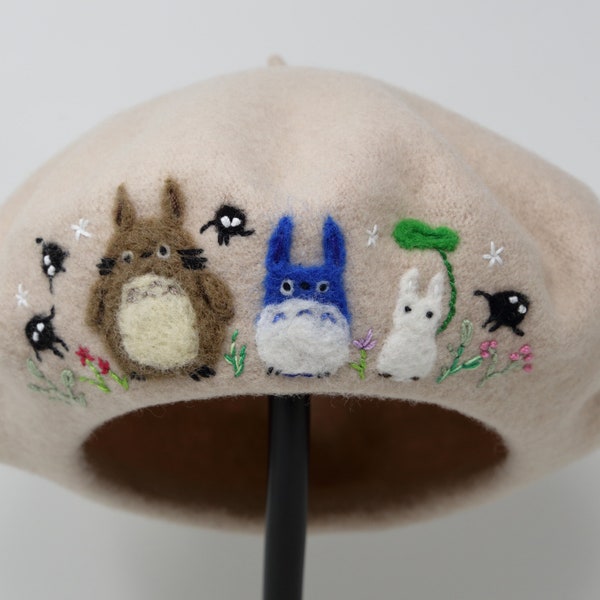 100% Wool Beret Handmade Totoro Anime Needle Felting Embroidery Hat, Warm Winter French Cap