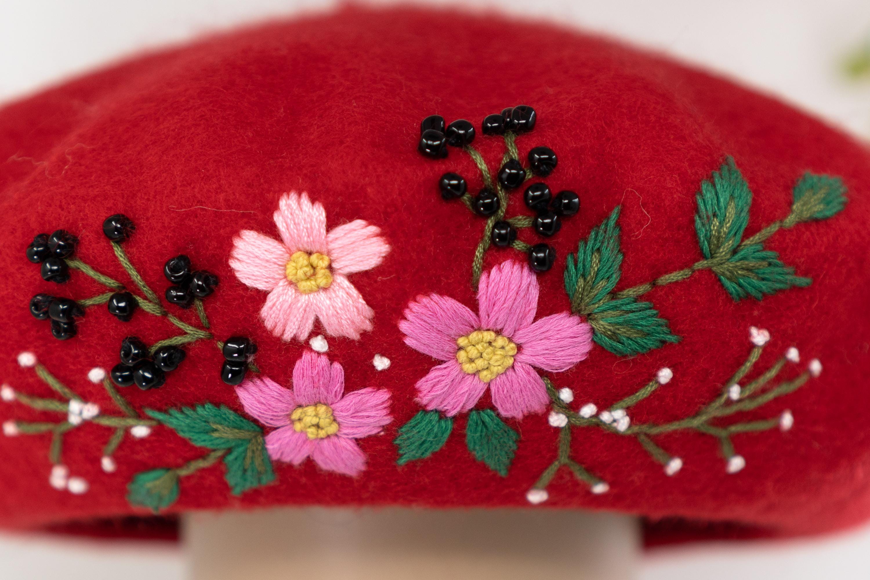 Handmade Wool Beret Hat for Women French Style Floral Side Design Winter Handmade Wool Beret With Floral Embroidery - French Style  main image 2