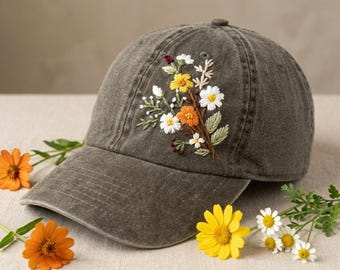 Stylish Hand Embroidered Floral Cap with Mix Garden Flower on Washed Cotton Brown Baseball Hat