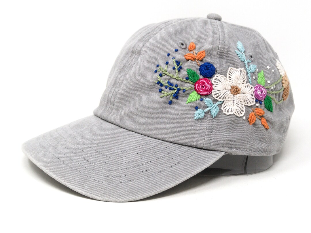 Wash Cotton Baseball Cap, Large Hand Embroidered Flower Hat  display picture 2