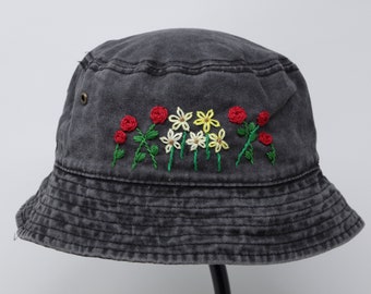 Washed Cotton Black Bucket Hat, Hand Embroidered Star Rose Flower Cap, Short Brim Brown Bucket Hat, Camping Hiking Fishing,