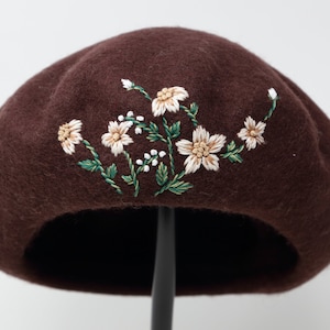Beret Hat, Flower Hat, Wool Beret, Hand Embroidered Off White Flower Hat, Embroidered Beret, Coffee Brown French Cap