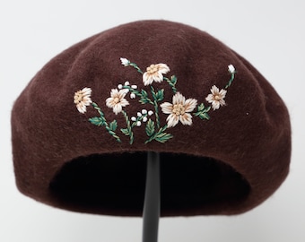 100% Wool Beret Hat, Large Handmade Hand Embroidered Flower