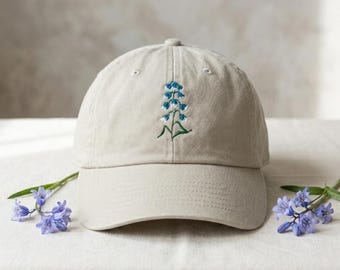 Geborduurde baseballpet met Bluebell Flower, gewassen katoenen zomerhoed met gebogen rand