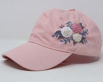 100% Cotton Baseball Cap, Hand Embroidered Rose Flower Hat, Curved Brim Baseball Hat, Baby Pink Colorful Summer Cap
