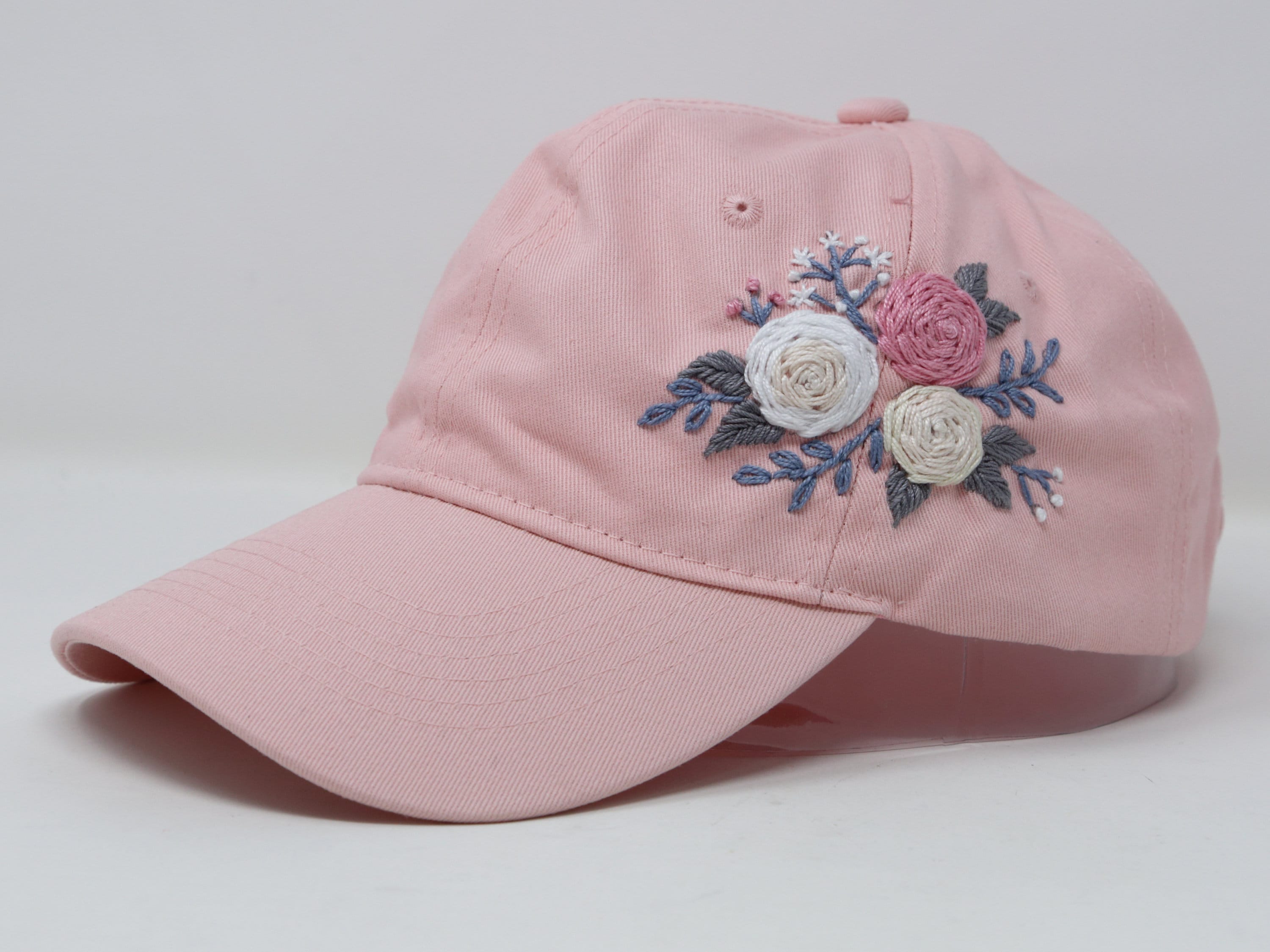 100% Cotton Baseball Cap, Hand Embroidered Rose Flower Hat