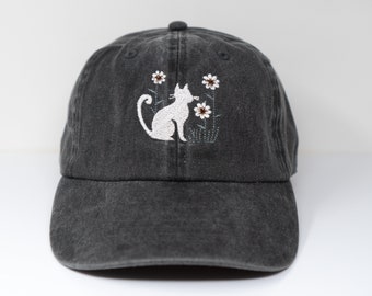 Cat and Flower Embroidered Kitten Baseball Cap, Washed Cotton Curve Brim Summer Hat