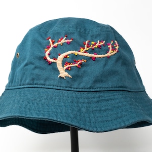 Hand Embroidered Bonsai Tree Bucket Cap, Curvy Red Cherry Blossom ...