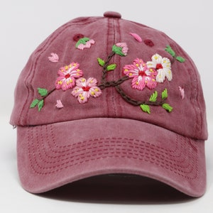 Wash Cotton Baseball Cap, Hand Embroidered Flower Hat, Cherry Blossom Flower, Curved Brim Baseball Hat, Colorful Summer Cap