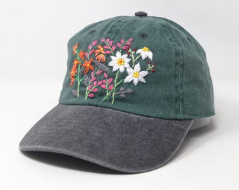 Wash Cotton Baseball Cap, Hand Embroidered Wild Flower Hat, Two Tone Green Black Curved Brim Baseball Hat, Colorful Summer Cap