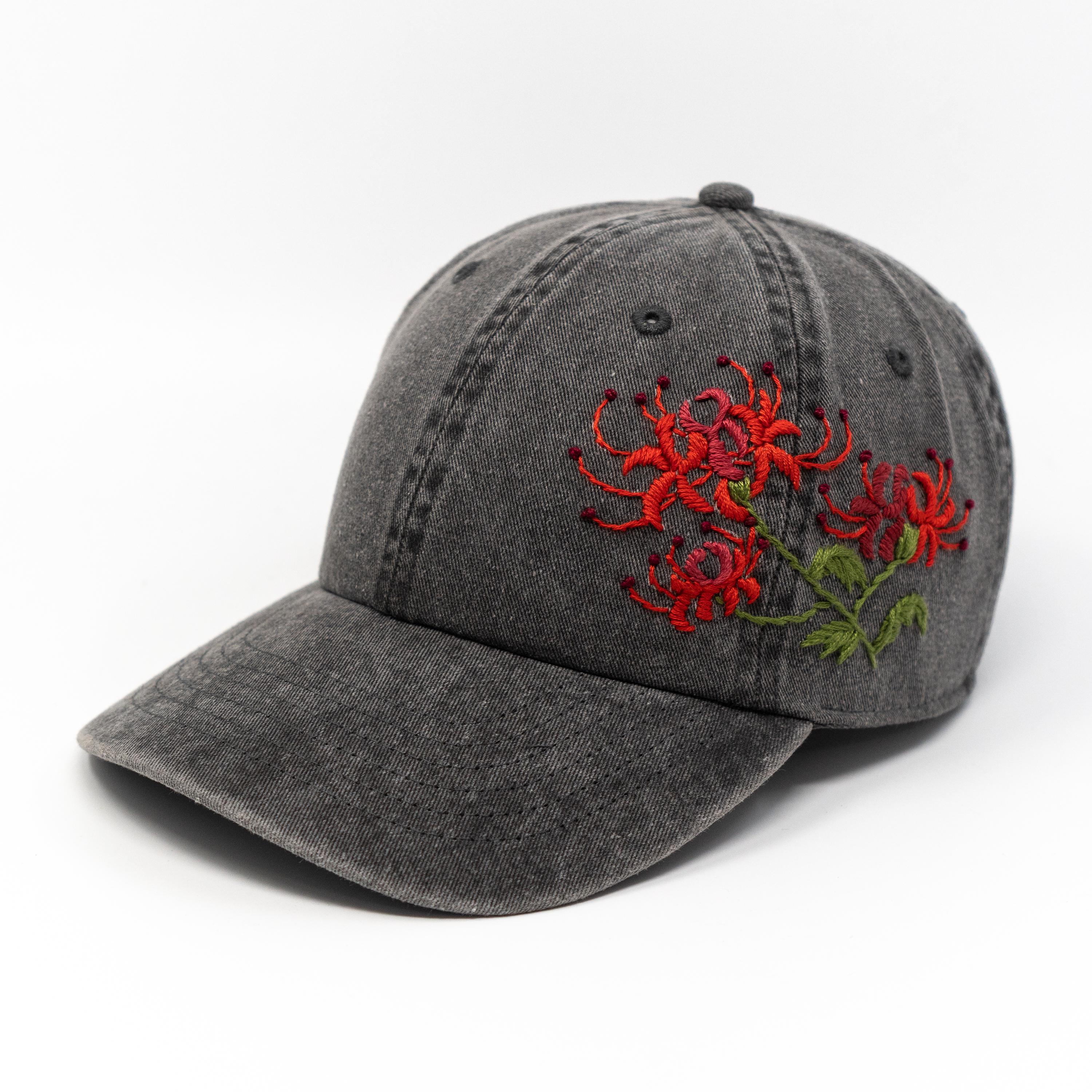 Black Baseball Cap With Red Spider Lily – Hand-embroidered